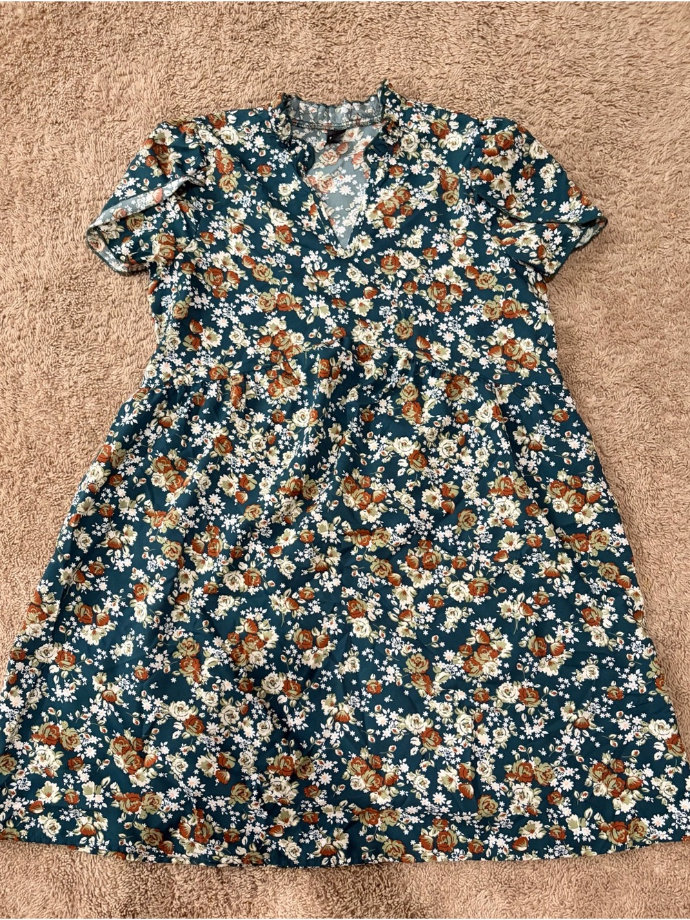 SHEIN Teal Floral Short-Sleeve V-Neck Dress - 062